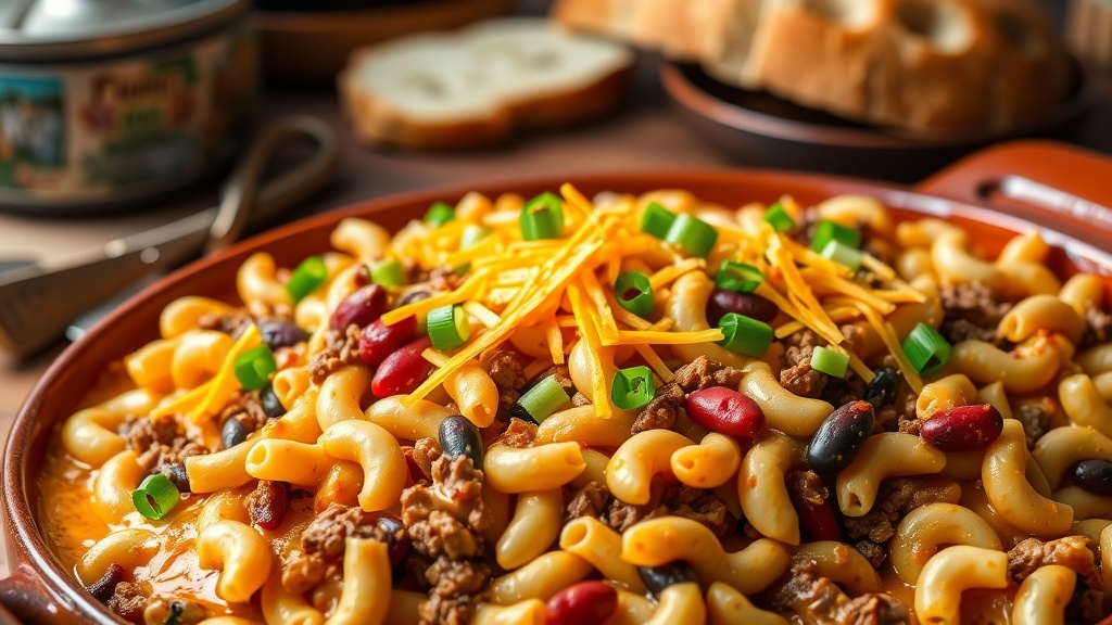 Hearty Chili Mac Casserole Recipe A cheesy chili mac casserole with ground beef and elbow macaroni, garnished with green onions, on a rustic kitchen table.